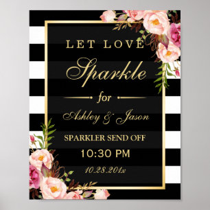 Let Love Sparkle Gold Floral Stripes Wedding Sign Poster