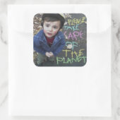 Let op de planeet vierkante sticker (Tas)
