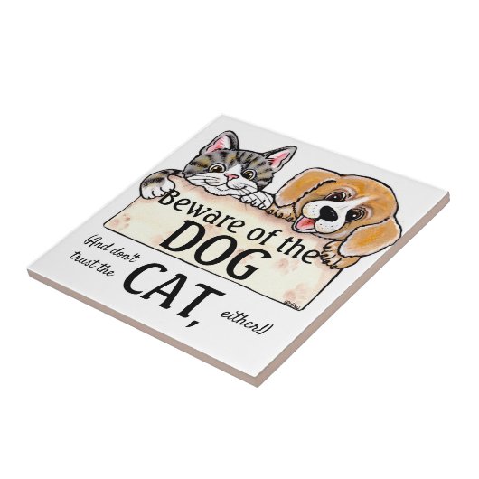Let op het waarschuwingsbord van het grote kat tegeltje (Zijkant)