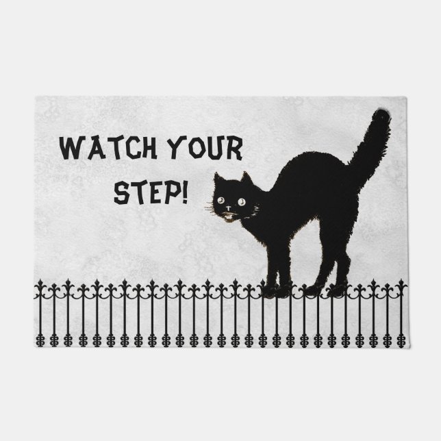 "Let op je stap" Halloween Black Cat Silhouette Deurmat (Voorkant)