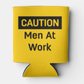 LET OP Mannen op het werk Geel en zwart Blikjeskoeler (Voorkant)