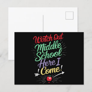 Let op, middelbare school, daar kom ik aan school briefkaart