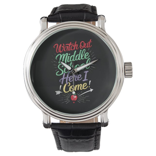 Let op, middelbare school, daar kom ik aan school horloge (Voorkant)