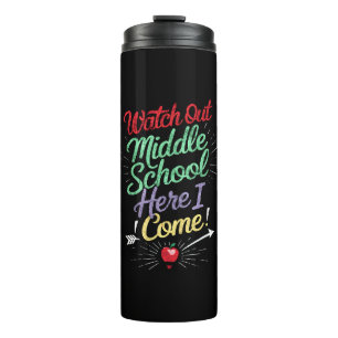 Let op, middelbare school, daar kom ik aan school thermosbeker