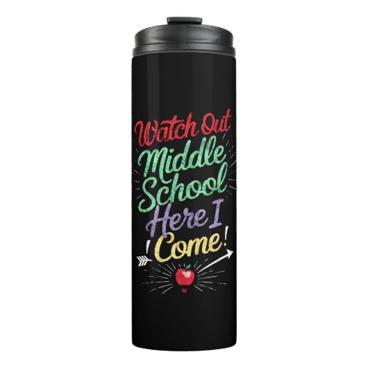 Let op, middelbare school, daar kom ik aan school thermosbeker (Voorkant)