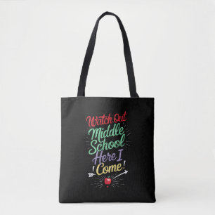 Let op, middelbare school, daar kom ik aan school tote bag