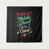 Let op, middelbare school, daar kom ik aan school wandkleed (Voorkant)