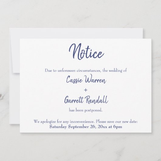 "Let op" Navy White uitgesteld huwelijksaankondigi Kaart (Voorkant)