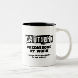 Let op! Prednison op het werk Tweekleurige Koffiemok