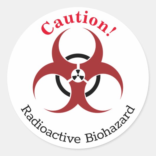 "Let op!" Radioactief biogevaarsymbool met woorden Ronde Sticker (Voorkant)