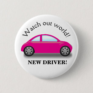Let Op Wereld Nieuwe Bestuurder Roze Auto Ronde Button 5,7 Cm
