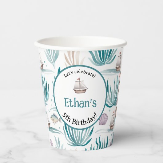 Let’s Celebrate Nautical Birthday Name & Age Papieren Bekers (Voorkant)