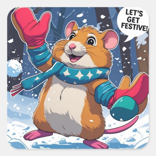 Let’s Get Festive Funny Hamster Throwing Snowball Vierkante Sticker (Voorkant)