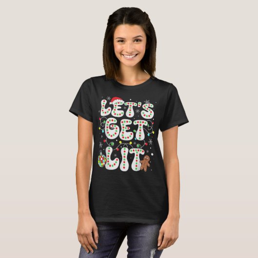 Let S Get Lit Funny Christmas Lights Xmas Pajamas T-shirt (Voorkant volledig)