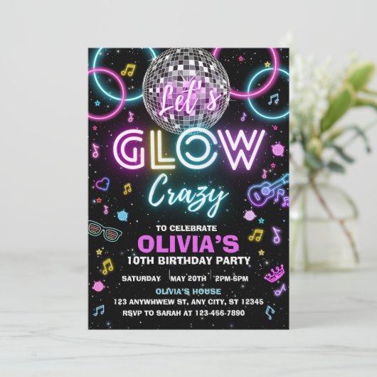 Let’s Glow Crazy disco party invite - disco ball  Kaart (Staand voorkant)