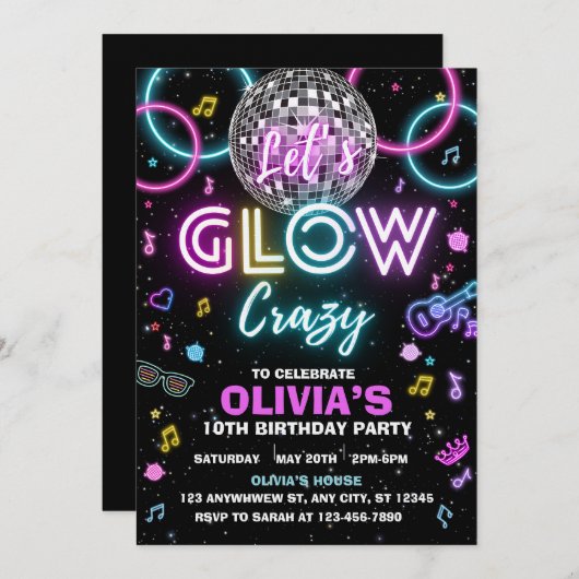 Let’s Glow Crazy disco party invite - disco ball  Kaart (Voorkant / Achterkant)