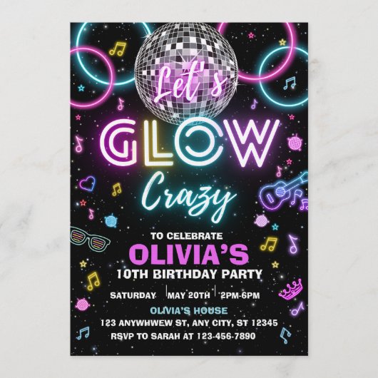 Let’s Glow Crazy disco party invite - disco ball Kaart (Voorkant)