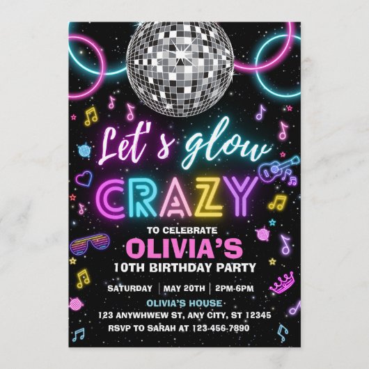 Let’s Glow Crazy disco party Kaart (Voorkant)