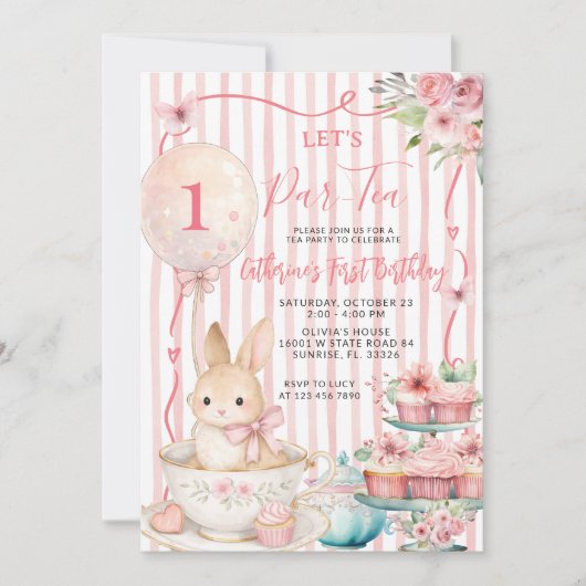 Let’s Par Tea Pink Striped Bunny Party Birthday Kaart (Voorkant)