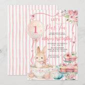 Let’s Par Tea Pink Striped Bunny Party Birthday Kaart (Voorkant / Achterkant)