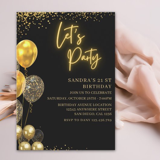 Let’s Party- elegant Birthday with Golden balloons Kaart