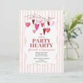 Let’s Party Hearty Pink Hearts Birthday Kaart (Staand voorkant)