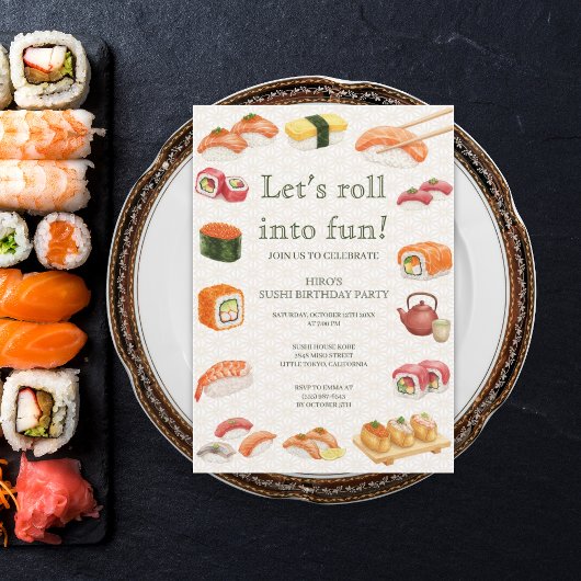 Let’s Roll into Fun! Sushi Birthday Party Invitati Kaart