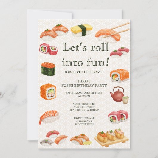 Let’s Roll into Fun! Sushi Birthday Party Invitati Kaart (Voorkant)