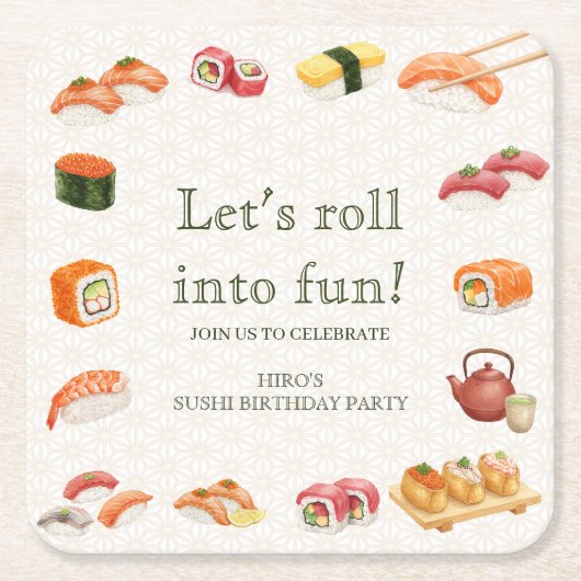 Let’s Roll into Fun! Sushi Birthday Party Invitati Kartonnen Onderzetters (Voorkant)