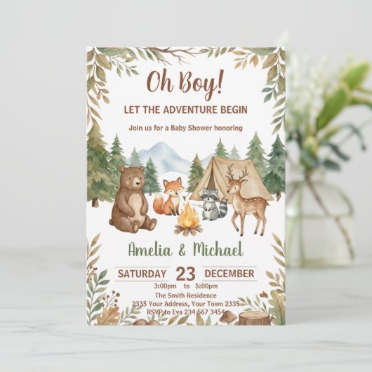 Let the Adventure Begin Woodland Boy Baby Shower Kaart (Staand voorkant)
