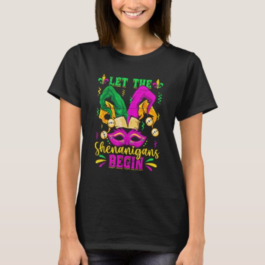 Let The Shenanigans Begin Jester Mardi Gras Carniv T-shirt (Voorkant)