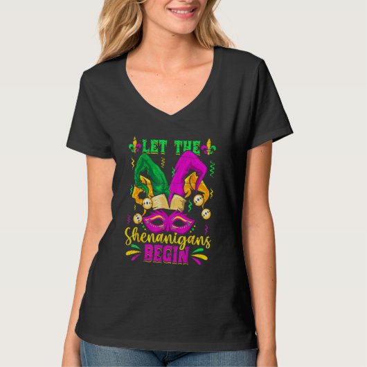 Let The Shenanigans Begin Jester Mardi Gras Carniv T-shirt (Voorkant)