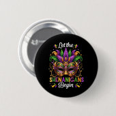 Let The Shenanigans Begin Mardi Gras Beads Mask Fe Ronde Button 5,7 Cm (Voorkant /achterkant)