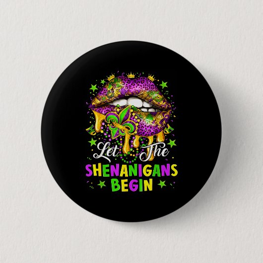 Let The Shenanigans Begin Mardi Gras Lips Girl Wom Ronde Button 5,7 Cm (Voorkant)
