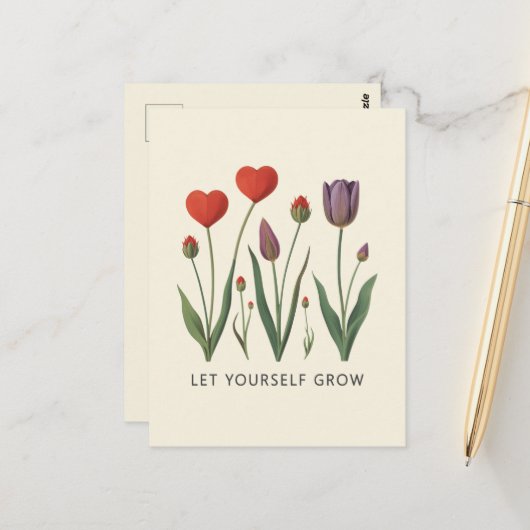 Let Yourself Grow Floral Heart Tulips Art Briefkaart (Voorkant / Achterkant in situ)