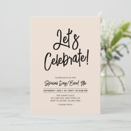 Let's Celebrate | Black Brus Script Event & Party Kaart (Staand voorkant)