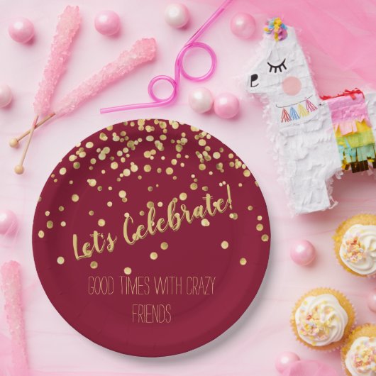 Lets Celebrate Burgundy Gold Confetti Papieren Bordje (Feest)
