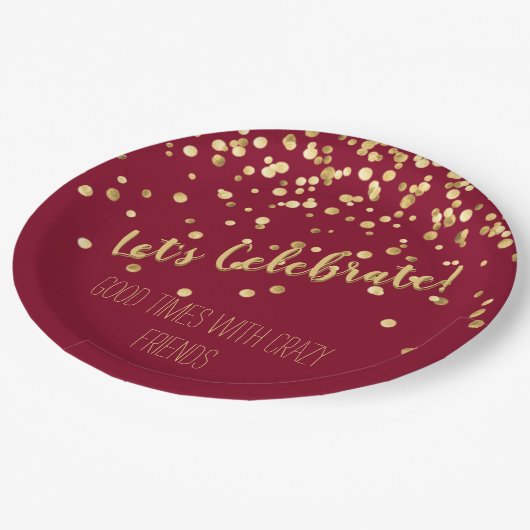 Lets Celebrate Burgundy Gold Confetti Papieren Bordje (Gekanteld)