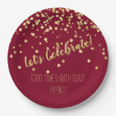 Lets Celebrate Burgundy Gold Confetti Papieren Bordje (Voorkant)