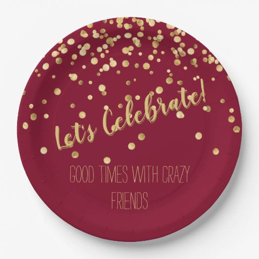 Lets Celebrate Burgundy Gold Confetti Papieren Bordje (Voorkant)