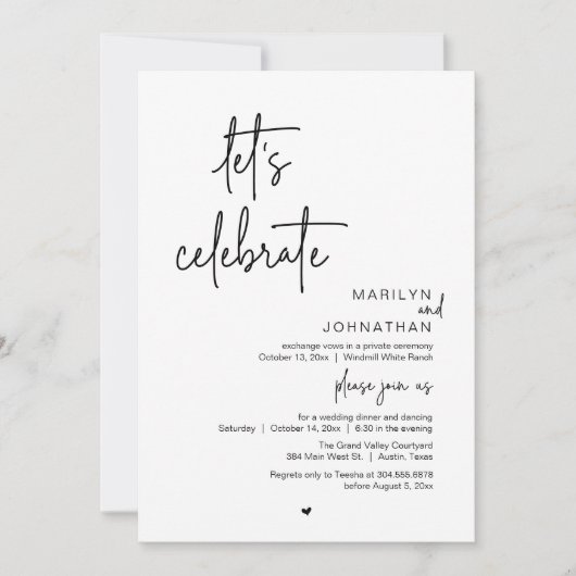 Let's Celebrate, Minimal Modern Wedding Reception Kaart (Voorkant)