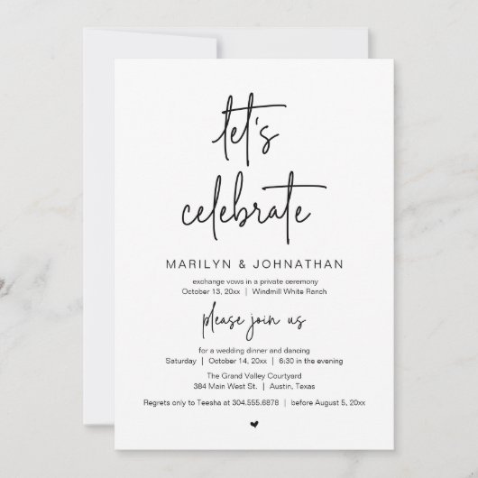 Let's Celebrate, Modern Minimal Wedding Reception Kaart (Voorkant)