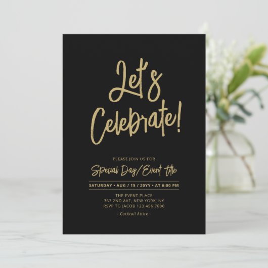 Let's Celebrate | Zwart Chique Script Cacktail Par Kaart (Staand voorkant)