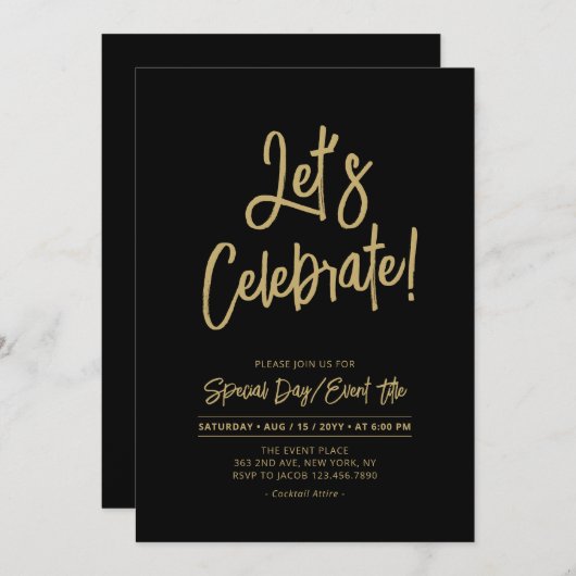 Let's Celebrate | Zwart Chique Script Cacktail Par Kaart (Voorkant / Achterkant)