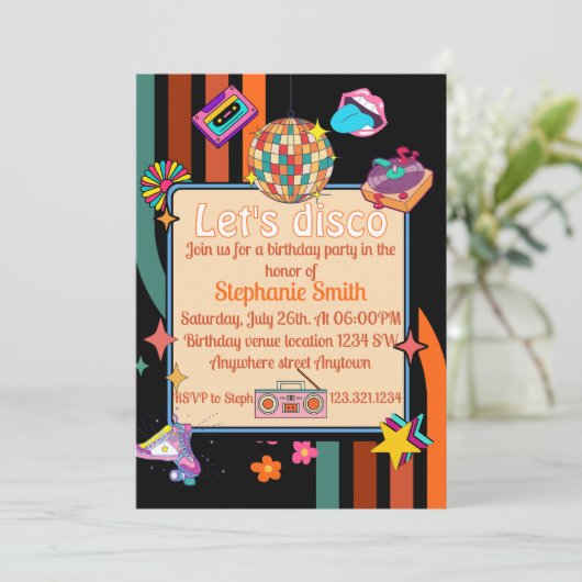 Let's Disco 70s Theme Verjaardag Uitnodiging (Staand voorkant)