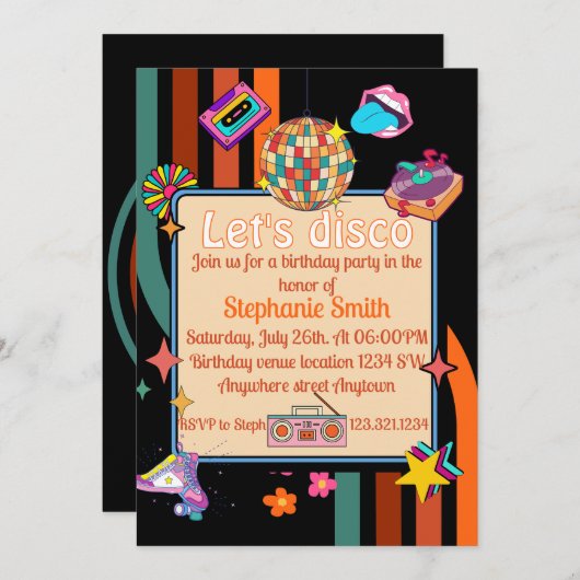 Let's Disco 70s Theme Verjaardag Uitnodiging (Voorkant / Achterkant)