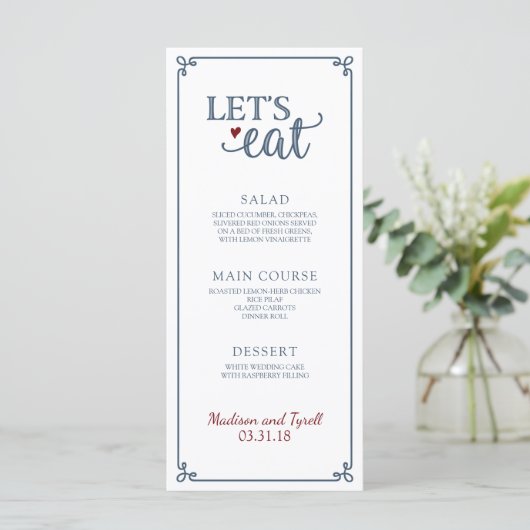 "Let's Eat" - Dusty Blue & Dark Red Wedding Menu (Staand voorkant)