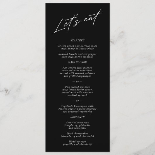 "Let's Eat" Eenvoudig Elegant Zwart Bruiloft Menu (Voorkant)