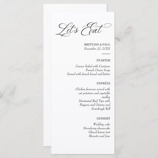 Let's Eat Elegant minimal menu black and white (Voorkant / Achterkant)