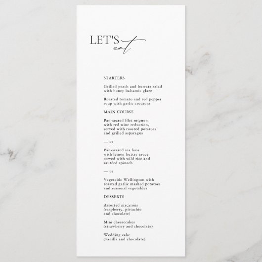 "Let's Eat" Elegant Zwart & Wit Bruiloft Menu (Voorkant)